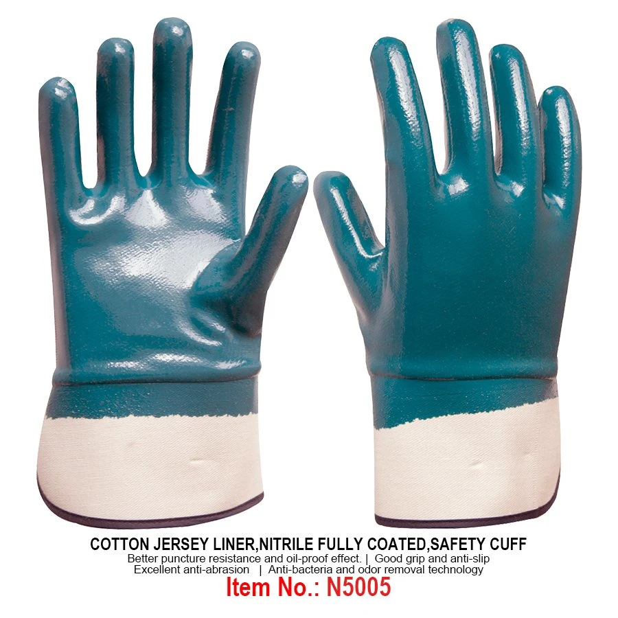 Industrial Nitrile Safety Gloves Cotton Liner Nitrile Fully Coated Smooth Finish Safety Cuff Work Gloves