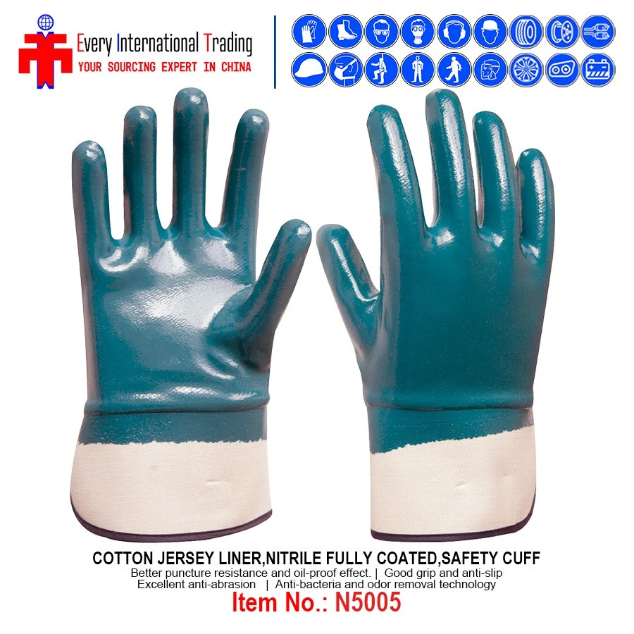 Industrial Nitrile Safety Gloves Cotton Liner Nitrile Fully Coated Smooth Finish Safety Cuff Work Gloves